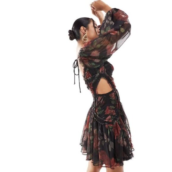 Asos Design Floral Shirred Corset Side Cutout Dark Romantic Mini Dress Sz. L - Picture 1 of 12